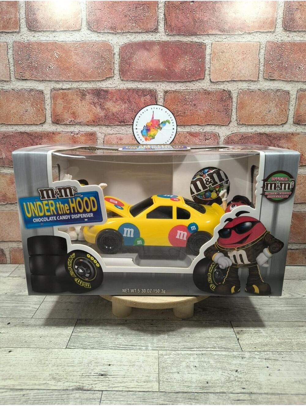 M&M's Under The Hood Race Car Candy Dispenser Yellow Limited Edition NIB